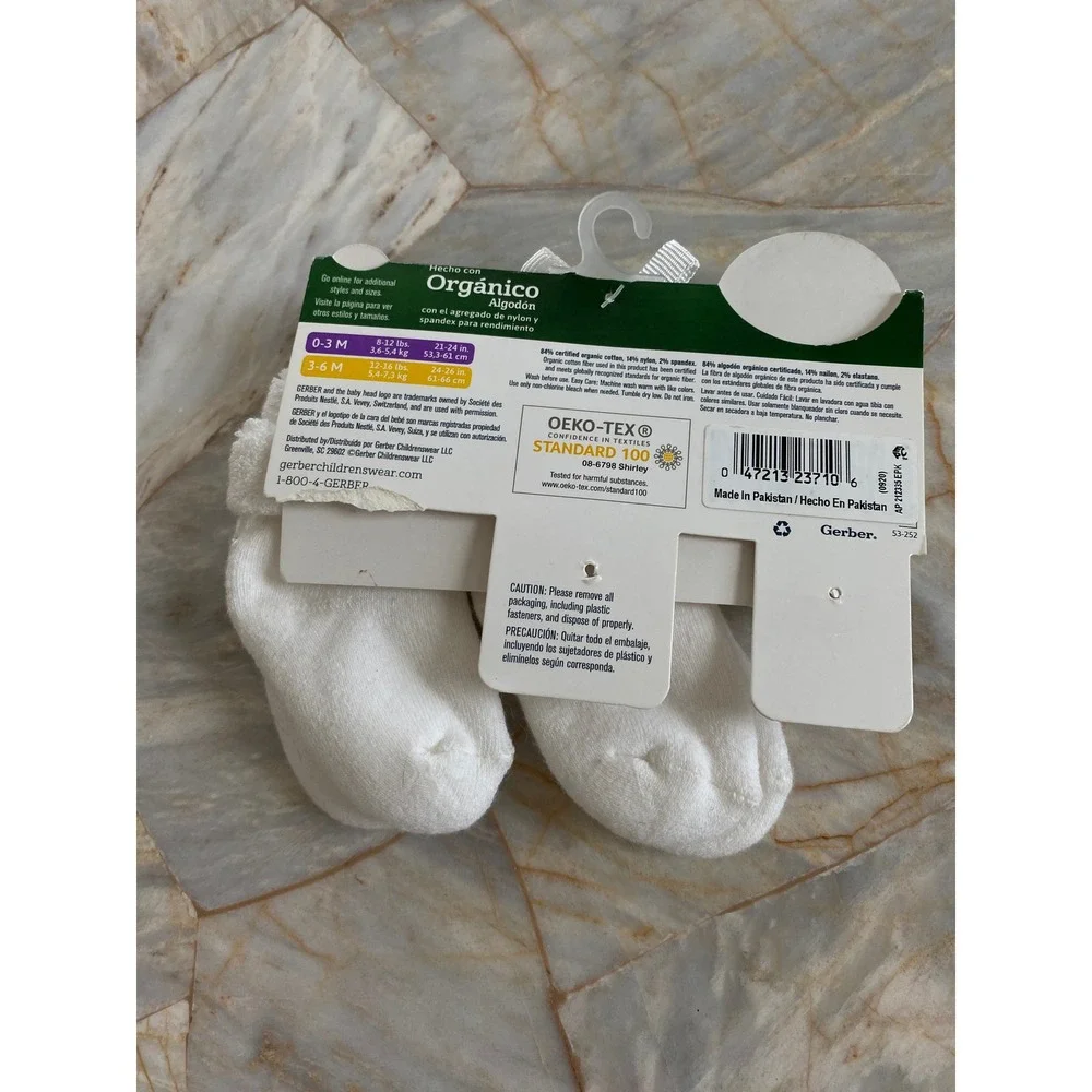 Gerber Baby Socks 3-6M White Organic Cotton Wiggle Proof Stay On Booties NEW